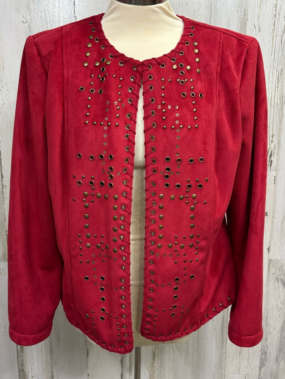 Hearts of Palm Red Studded Open-Front‎ Felt Jacket